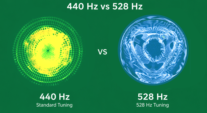 440Hz vs 528Hz cymatics illustration used for the Water Crystal Transformation section